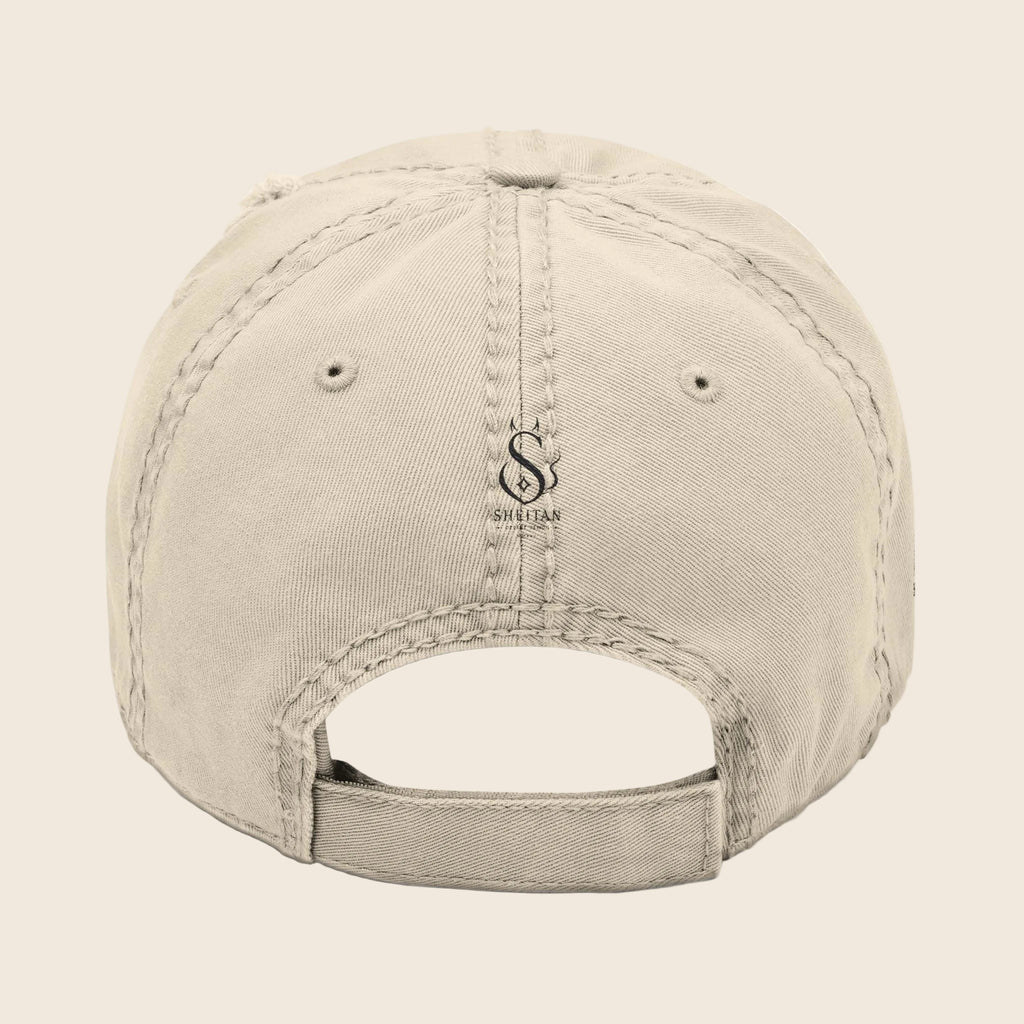 Sheitan Distressed Embroidered Dad Hat — Vintage Beige Casual Cap