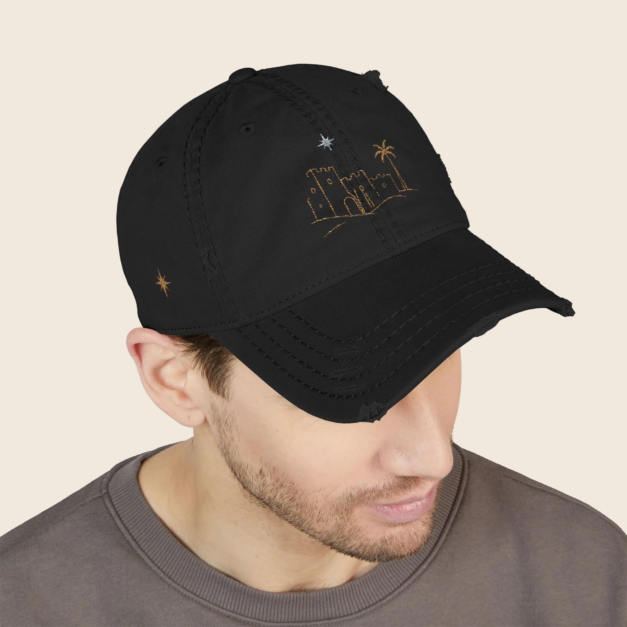 Distressed Embroidered Dad Hat — Desert Oasis Palm & Star Baseball Cap