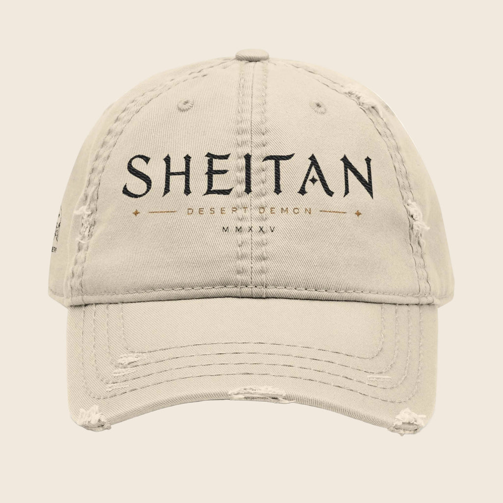 Sheitan Distressed Embroidered Dad Hat — Vintage Beige Casual Cap