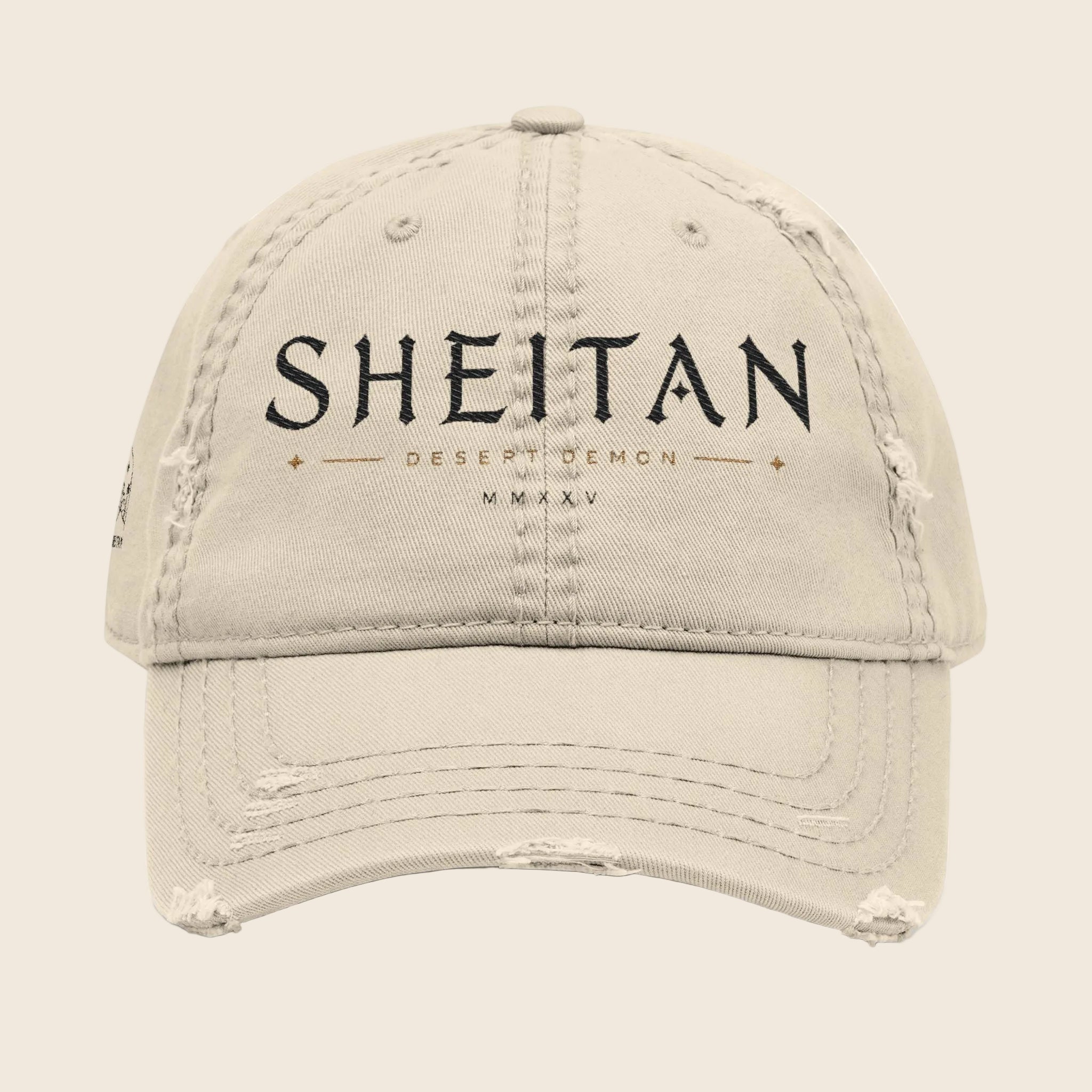 Sheitan Distressed Embroidered Dad Hat — Vintage Beige Casual Cap