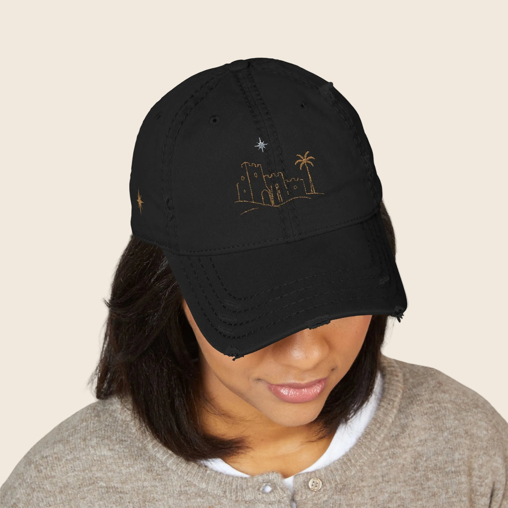 Distressed Embroidered Dad Hat — Desert Oasis Palm & Star Baseball Cap