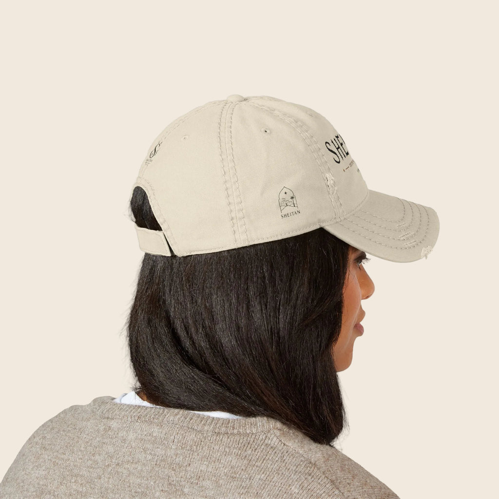 Sheitan Distressed Embroidered Dad Hat — Vintage Beige Casual Cap