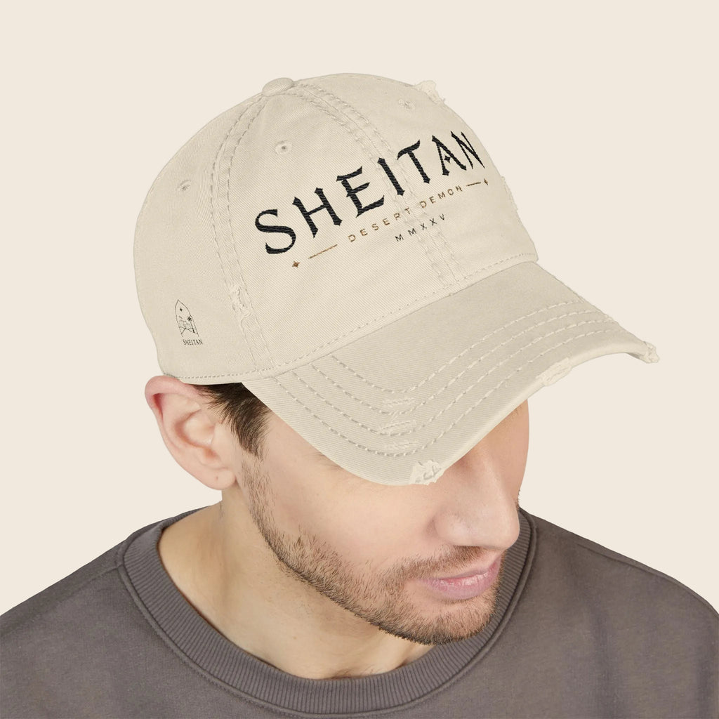 Sheitan Distressed Embroidered Dad Hat — Vintage Beige Casual Cap